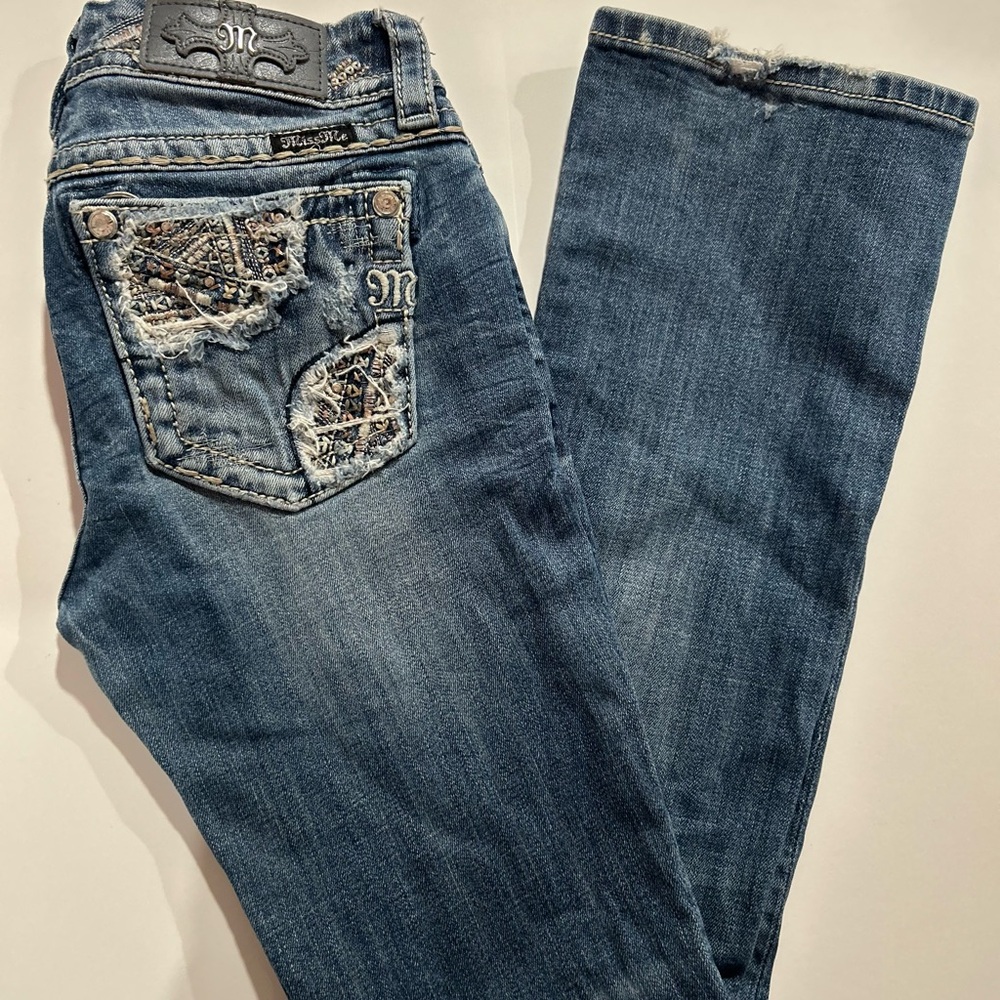 Miss Me Blue Straight Leg Jeans with Rhinestone Embellishments